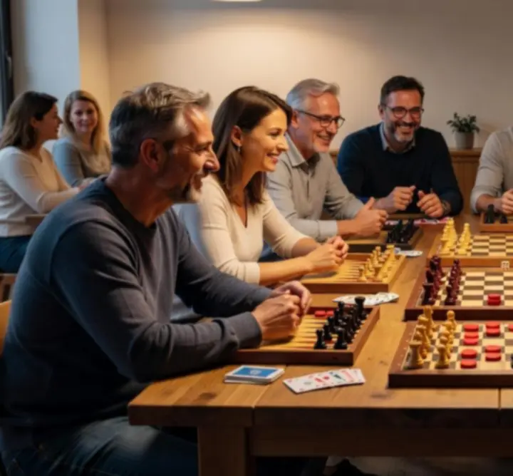 Magyar társasjáték klubest sakktáblával és játékosokkal