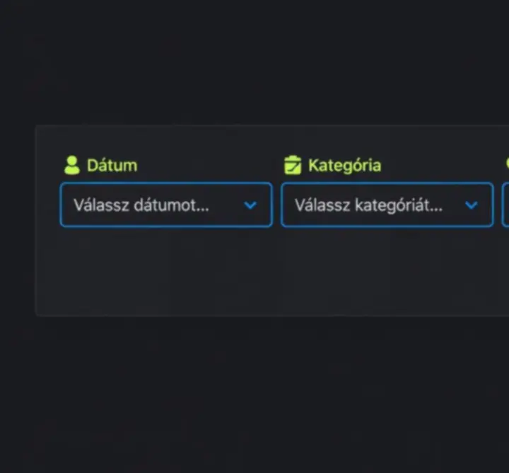 Modern szűrő- és keresőfelület, ahol dátum, kategória és helyszín szerint lehet eseményeket szűrni